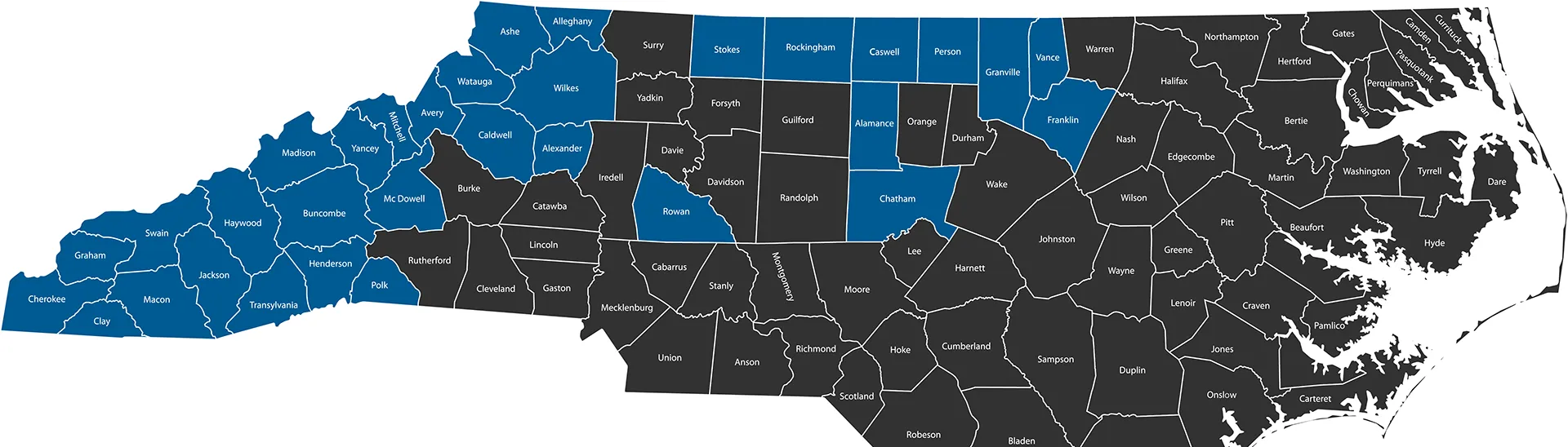 Un mapa de Carolina del Norte que muestra cada uno de los condados.