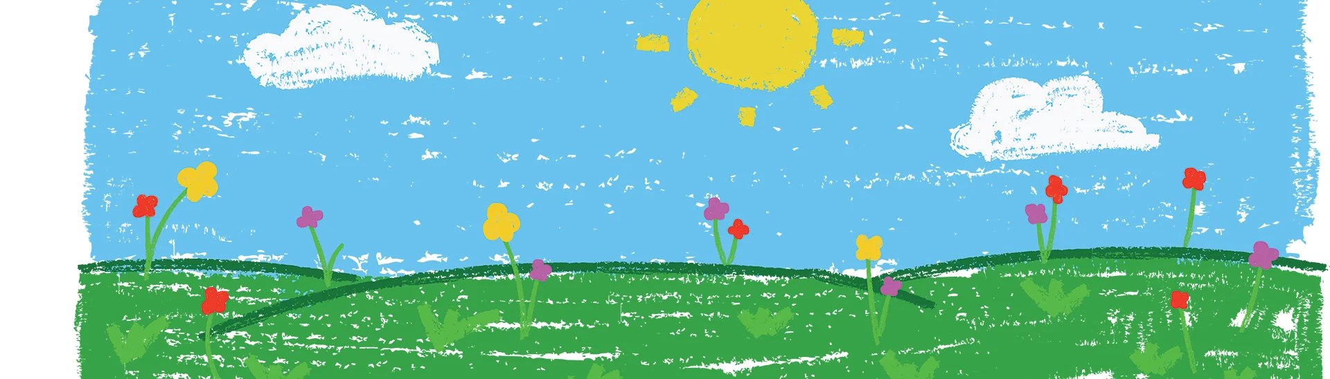 Dibujo infantil de un día soleado, con un sol en el cielo, pocas nubes y flores que crecen entre la hierba verde.